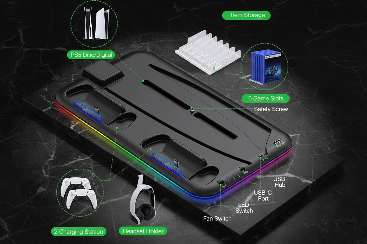 PS5 Charging Dock with RGB Light for Controllers and Headset